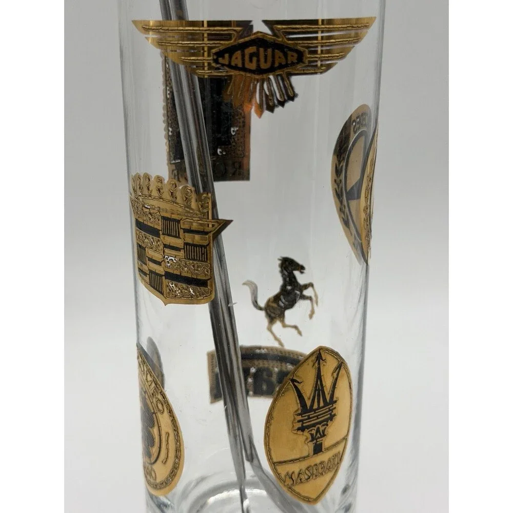 Vintage MCM Cocktail Shaker Pitcher Glass Luxury Cars w/spoon & Fork Gold/Black